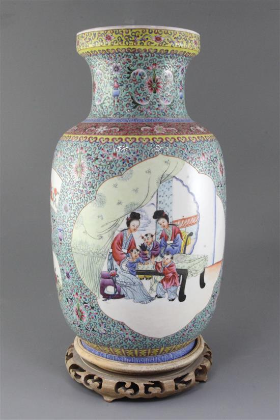 A Chinese famille rose lantern shaped vase, Republic period, height 40.5cm, small hairline crack to rim